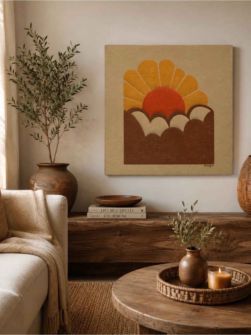 Original 1970s Ron Brejtfus “Rising Sun” Mid Century Modern Square Fabric Vtg